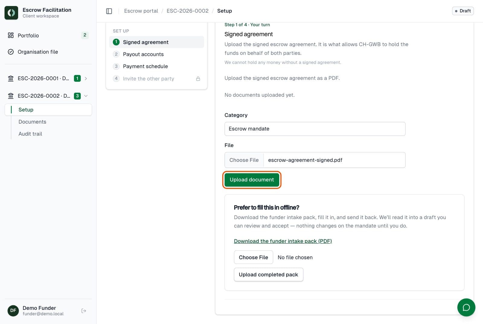 Funder: Upload the signed escrow agreement